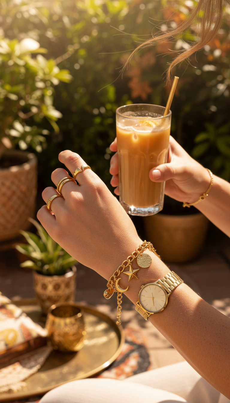 Gold-plated charm bracelet in use