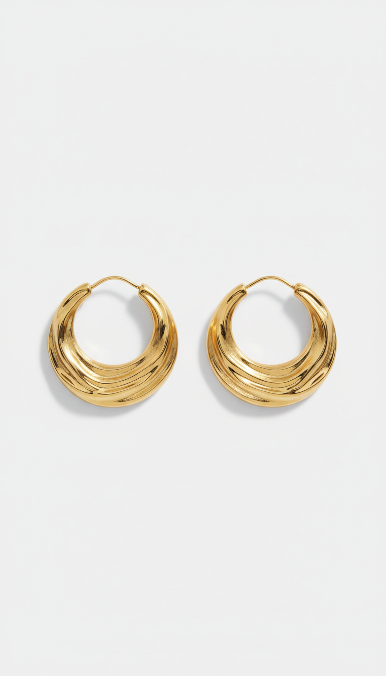 A perfectly centered image of large-sized waterproof gold-plated hoop earrings from 'Golden Waves'. The earrings are...