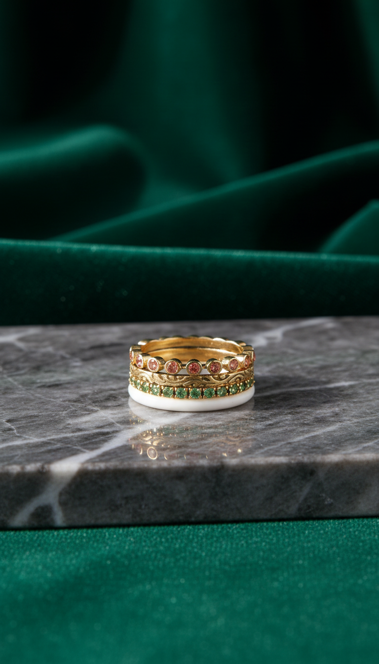 Radiance stackable rings set brushed gold in a new setting